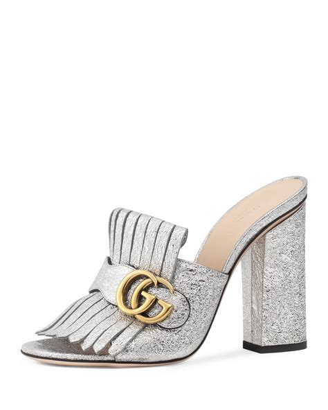 Gucci Silver Metallic Marmont Fringe Mule Sandals